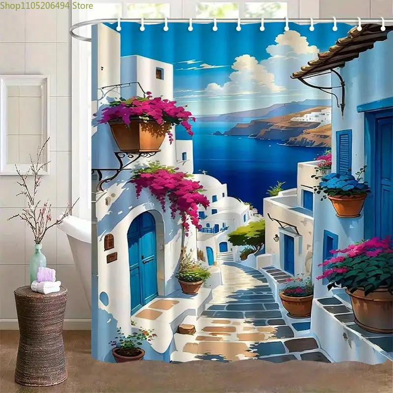 Home Decor Design Ideas - 산토리니 그리스 섬 샤워 커튼 블루