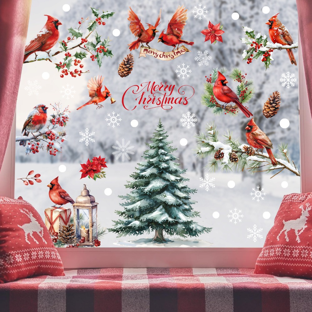 9pcs 크리스마스 창문 데칼 카디널 버드 눈송이 소나 - Home Decor Xmas Tree 리뷰 및 가격