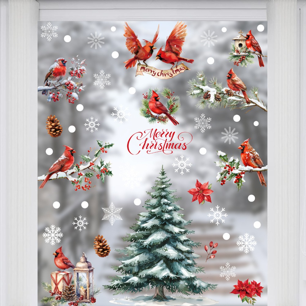 9pcs 크리스마스 창문 데칼 카디널 버드 눈송이 소나 - Home Decor Xmas Tree 리뷰 및 가격