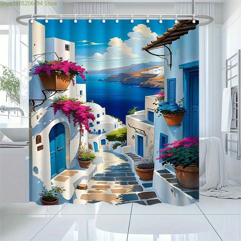 산토리니 그리스 섬 샤워 커튼 블루 화이트 마을 바다  - Home Decor Design Ideas 리뷰 및 가격